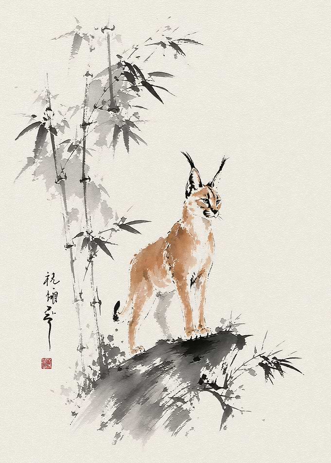 Caracal Cat in Ink Wash Style