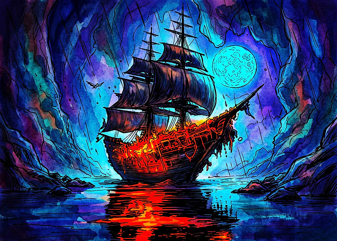 Burning Ghost Ship in Cavern