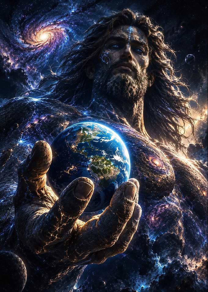 Cosmic Deity Holding Planet Earth