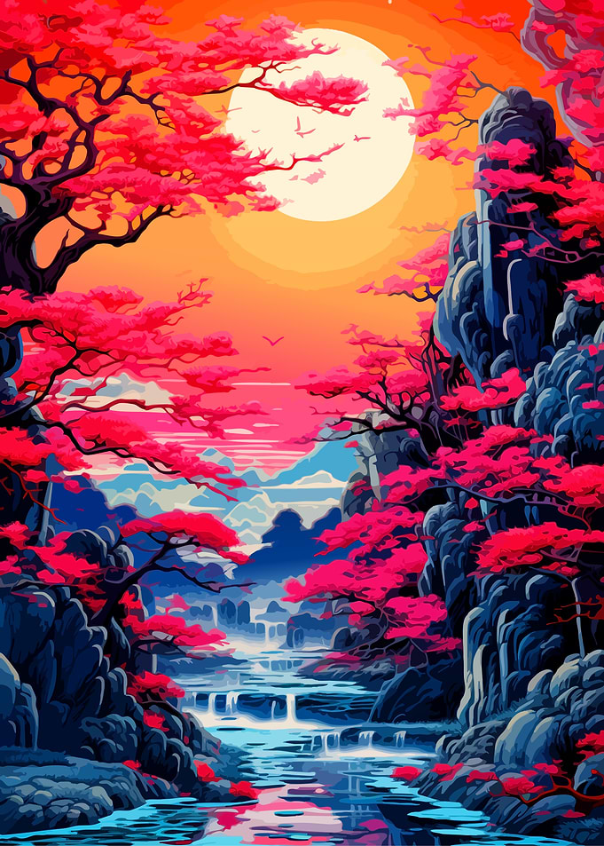 Vibrant Pink Cherry Blossom Mountain Landscape