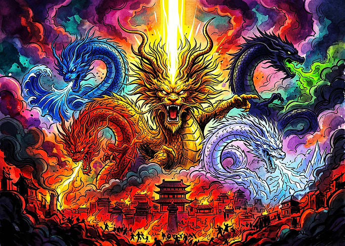Four Elemental Dragons Attacking Ancient City