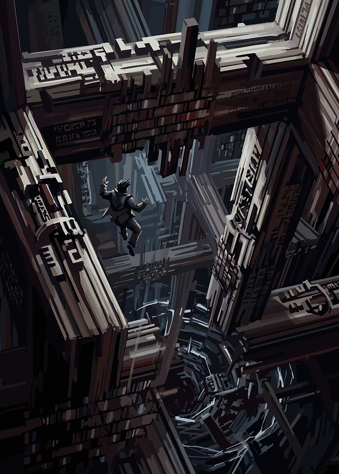 Person falling through abstract geometric structure