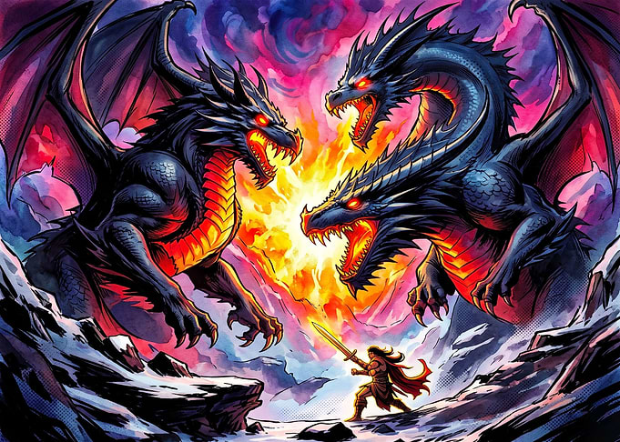 Warrior Facing Two Fierce Dragons