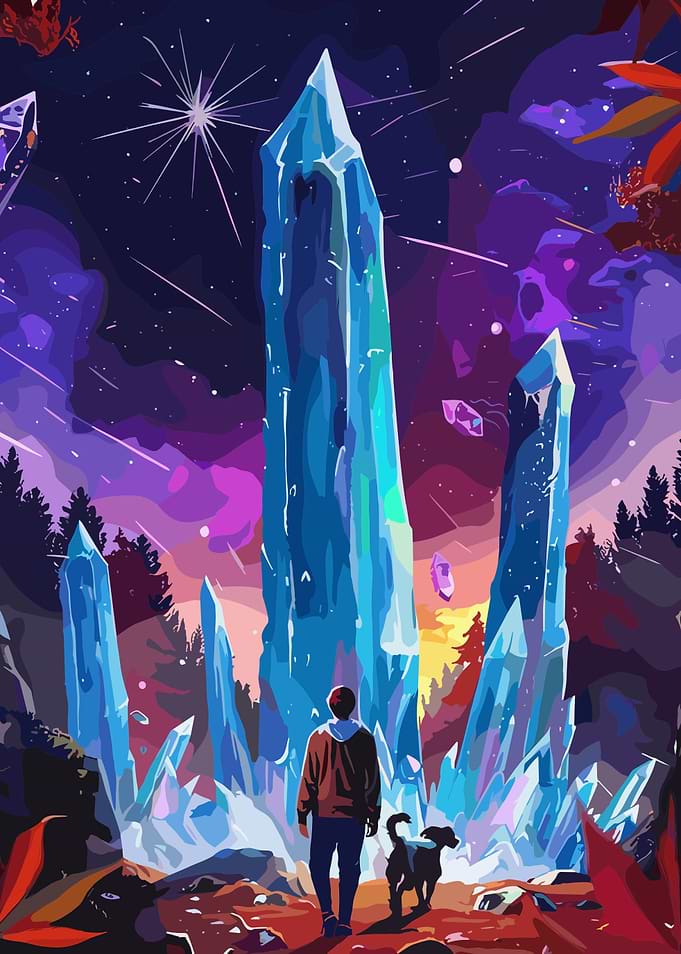 Person and Dog Before Giant Crystals