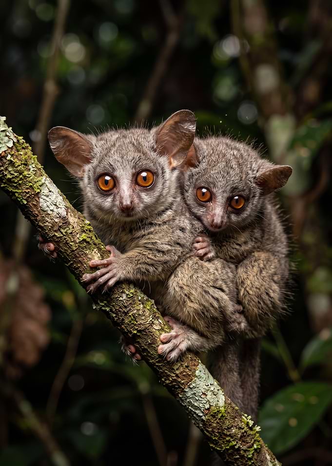 Two Galagos Perched on a Branch