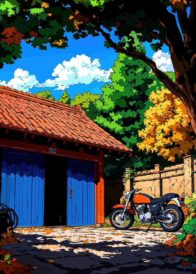 Motorcycle Parked by Rustic Garage