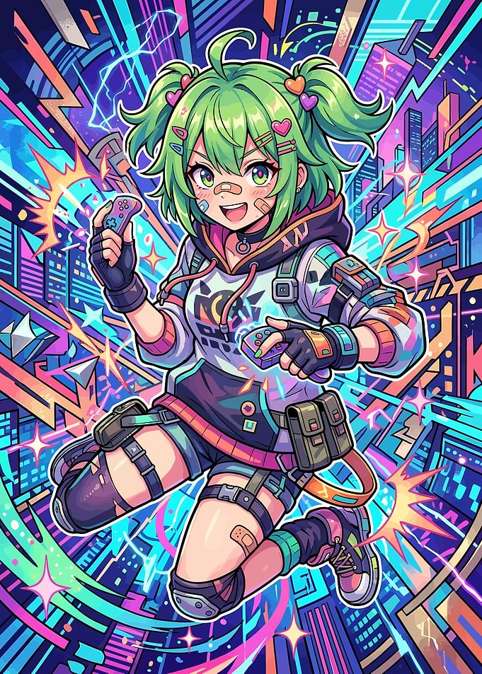 Vibrant Anime Gamer Girl Illustration
