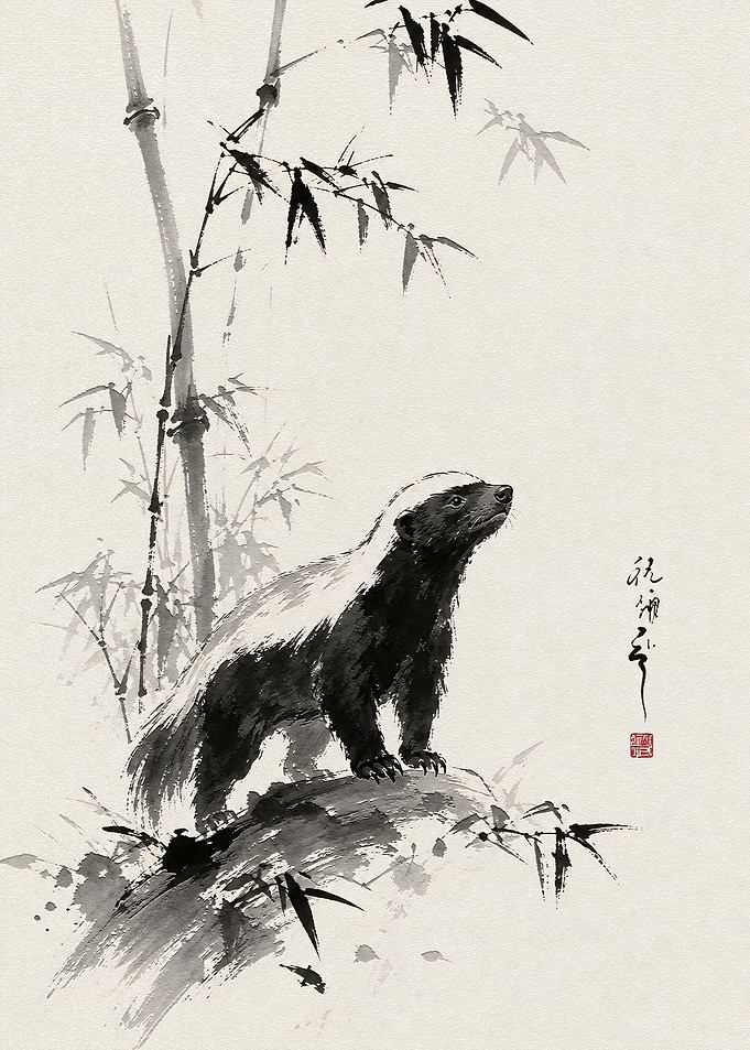 Sumi-e Style Honey Badger Illustration