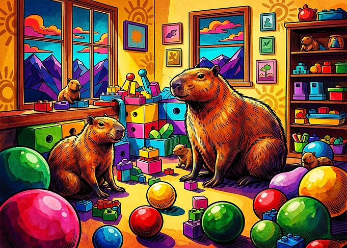 Capybaras Playing in a Colorful Room