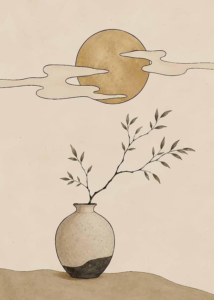 Minimalist Japanese Vase and Moon Art