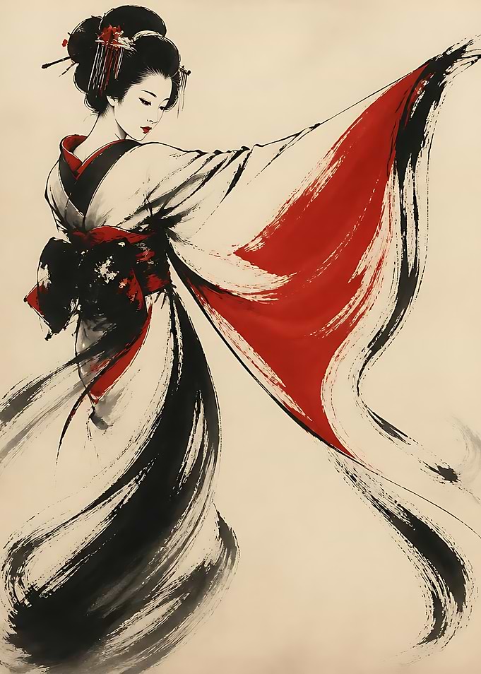 Elegant Geisha Ink Wash Painting