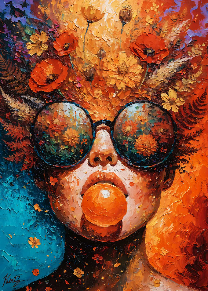 Woman with Sunglasses, Bubble Gum, and Colorful Flowers