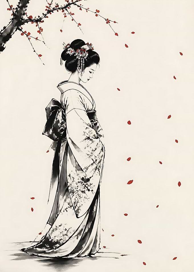 Elegant Geisha Under Cherry Blossoms