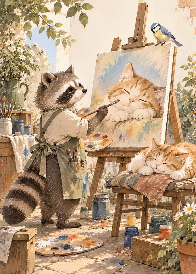 Raccoon Artist Painting a Sleeping Cat