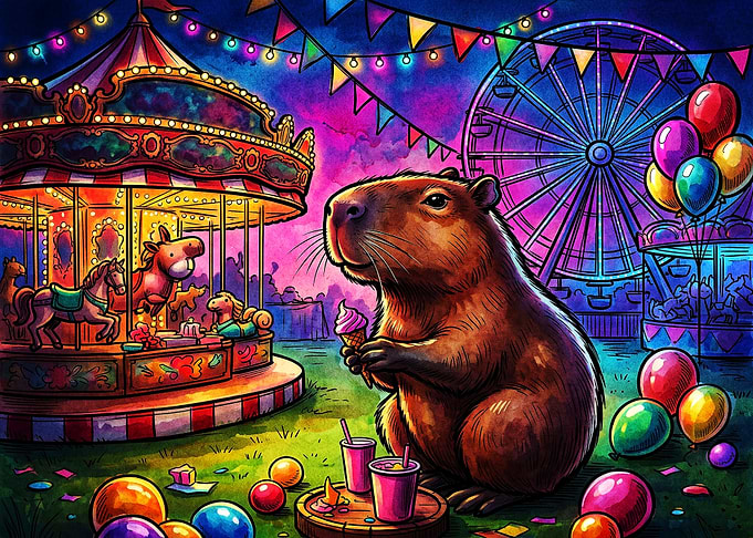 Capybara Enjoying Ice Cream at Carnival