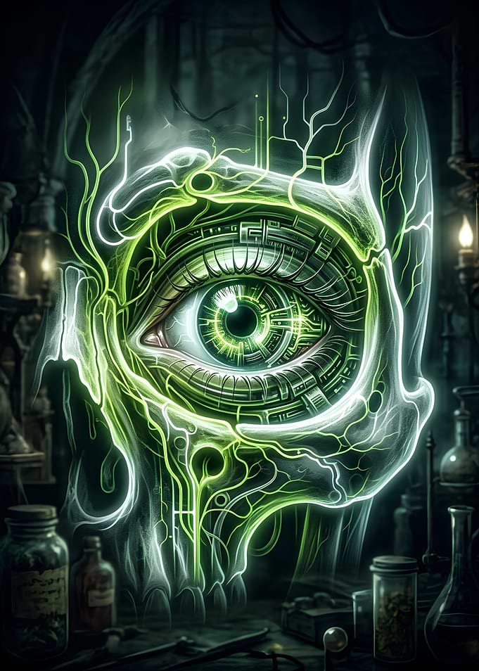 Glowing Cybernetic Eye in Laboratory