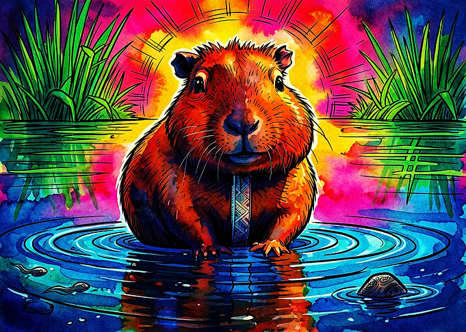 Vibrant Watercolor Capybara in Water