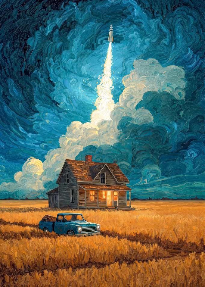 Rocket Launch Over Rural Farmhouse Interstellar