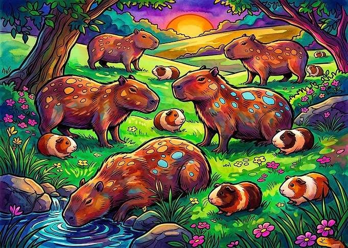 Colorful Capybaras and Guinea Pigs