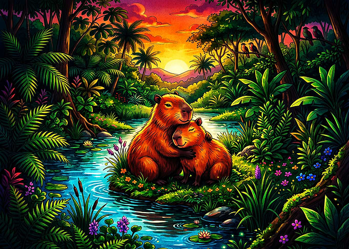 Two Capybaras Hugging in Tropical Sunset