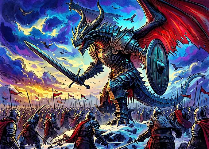 Armored Dragon Leading Medieval Army
