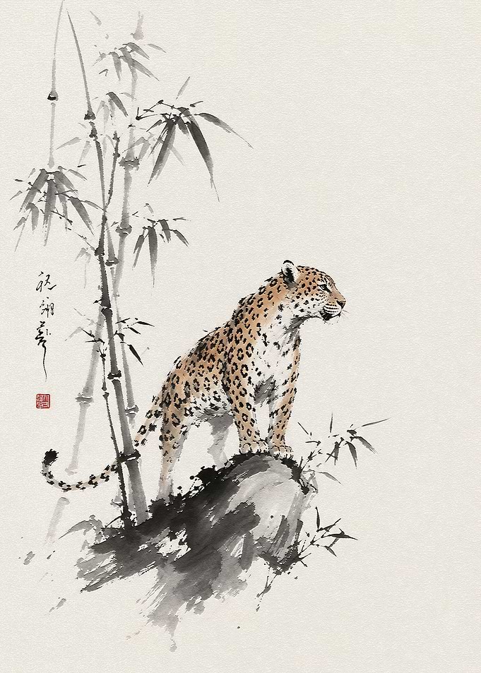 Leopard Standing by Bamboo Ink Painting
