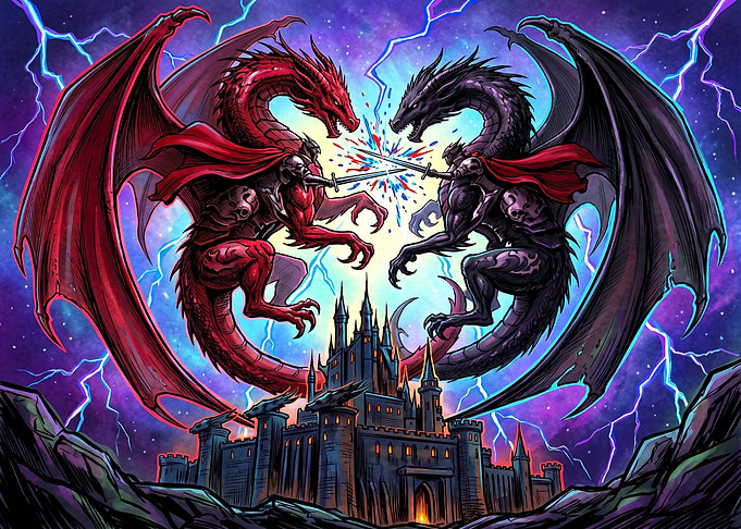 Epic Duel of Red and Black Dragons