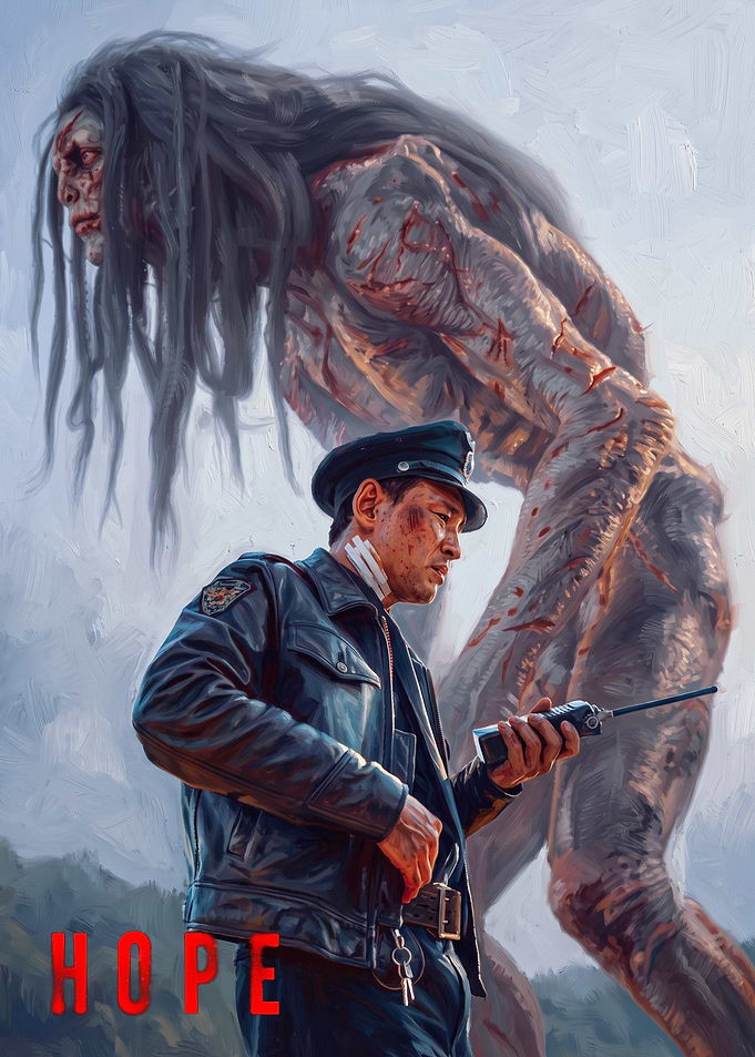 Police Officer Facing Giant Monster