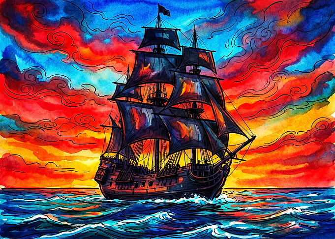 Vibrant Watercolor Pirate Ship at Sunset