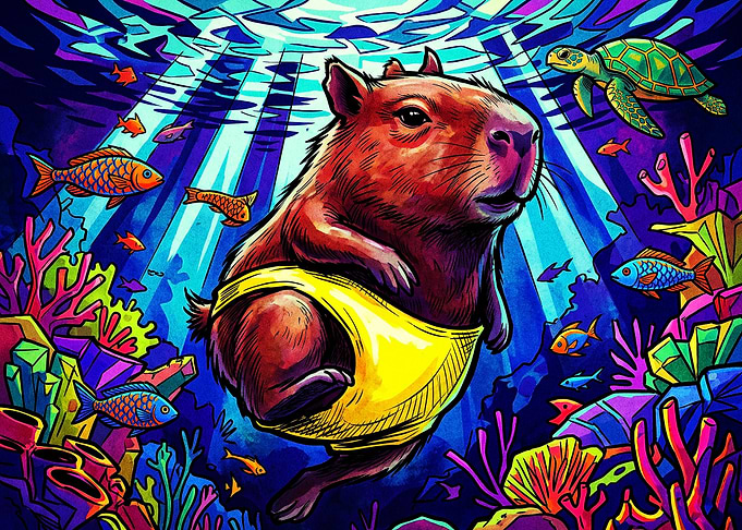 Capybara Swimming in Vibrant Coral Reef