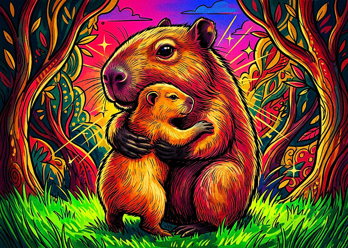 Vibrant Capybara Mother and Baby Hug