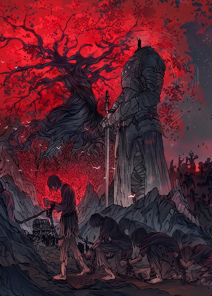 Dark Fantasy Knight and Chained Prisoners
