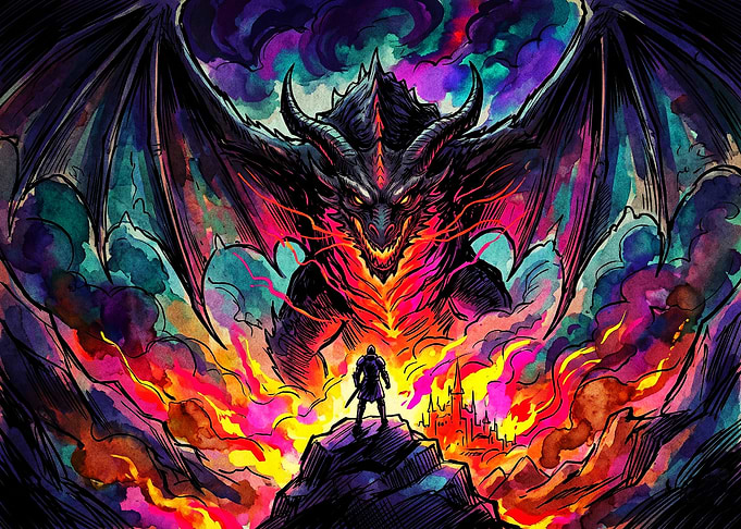 Knight Facing a Giant Dragon