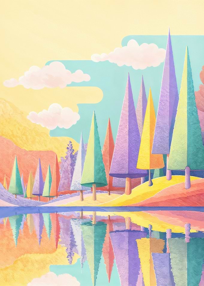 Colorful pine trees reflected in water landscape