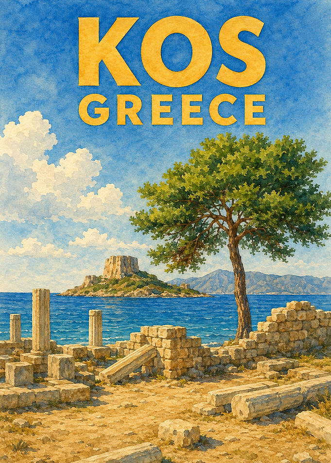 Kos Greece Vintage Travel Poster | Watercolor Ancient Ruins & Aegean Sea Wall Art