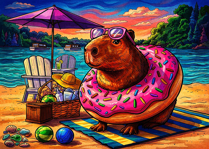 Capybara Relaxing on Beach with Donut