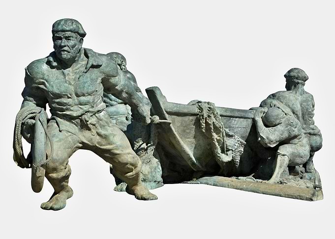 Bronze Statue of Fishermen Pulling Boat