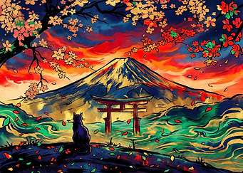 Cat Watching Mount Fuji at Sunset