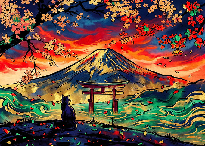 Cat Watching Mount Fuji at Sunset