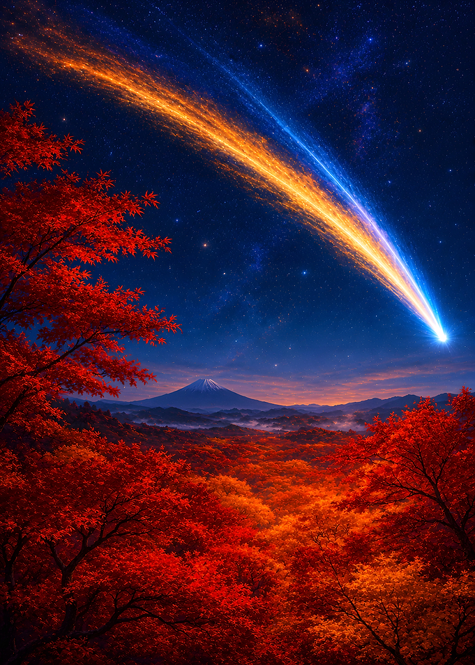Mount Fuji Under a Radiant Comet