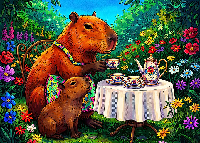 Capybara Family Having Tea in Garden