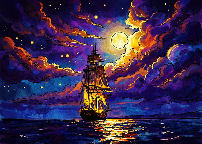 Sailing Ship Under Glowing Moon