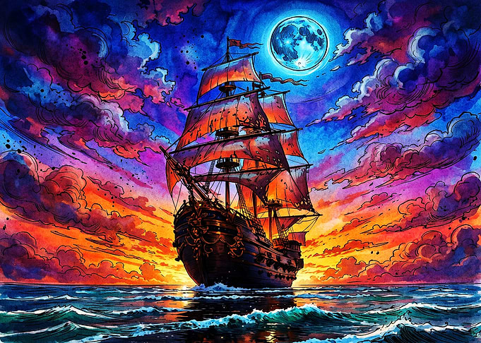 Galleon Sailing Under a Vibrant Moon
