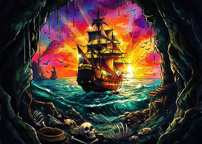 Pirate Ship Sailing at Sunset
