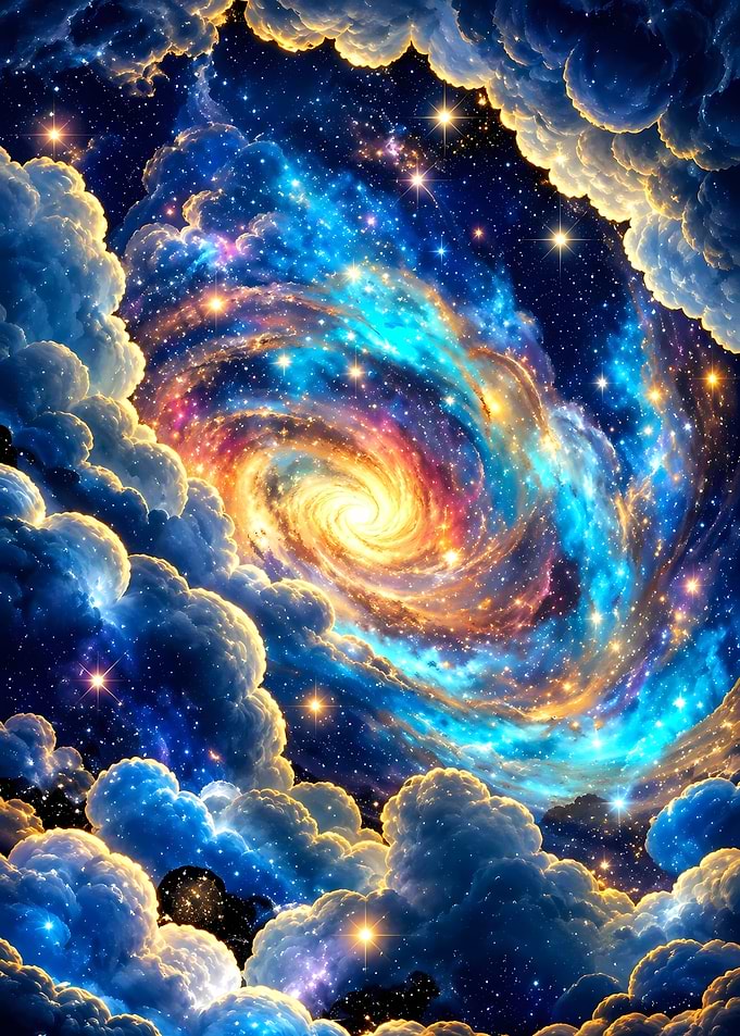 Vibrant Spiral Galaxy Amidst Cosmic Clouds