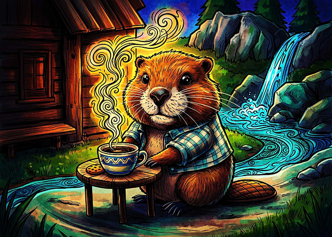 Beaver Enjoying Coffee by Waterfall