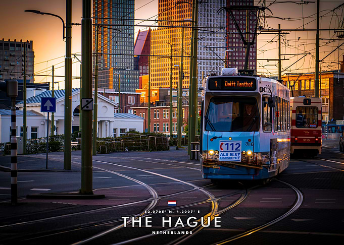 Tram in The Hague at Sunset