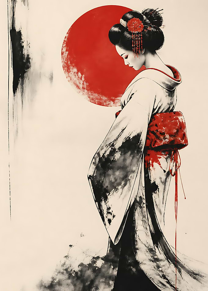 Geisha with Red Sun Ink Wash