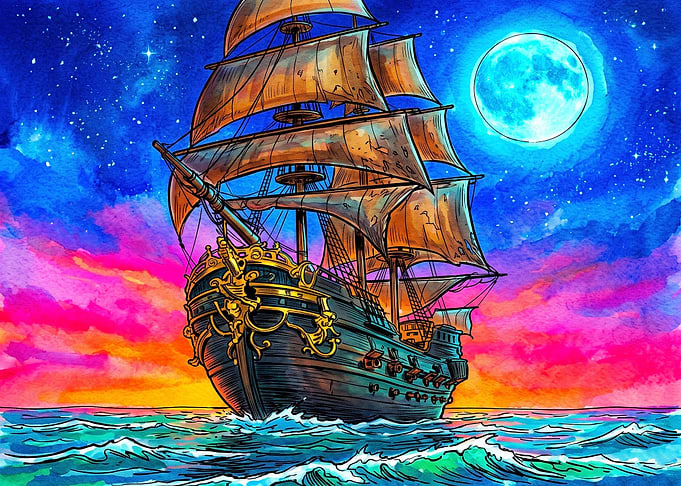 Galleon Sailing Under Neon Moon