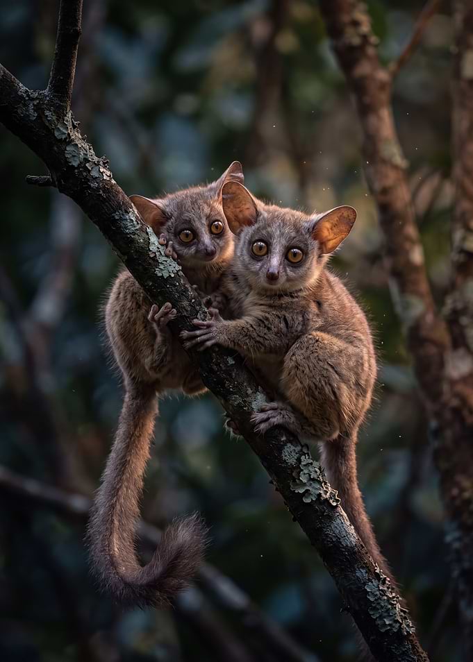 Two Bushbabies on a Tree Branch